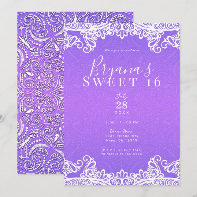 Convite Boho Roxo Rosa e Branco Renda Festa Ousada Doce 16 (Frente/Verso)