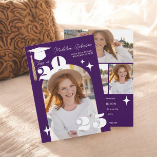 Convite Boho roxo Stars Modern 4-Photo Graduação