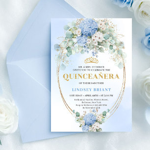 Convite Boho Royal Azul Hydrangeas Eucalipto Quinceañera