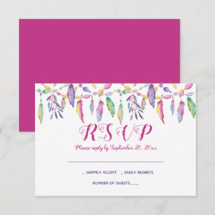 Convite Boho RSVP Roxo Penas de Casamento Nativo Americano
