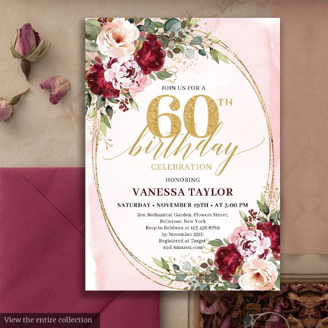 Convite Boho Rubor Borgonha Rosas Douradas Aniversário de  (Boho Blush Burgundy Gold Roses 60th Birthday)