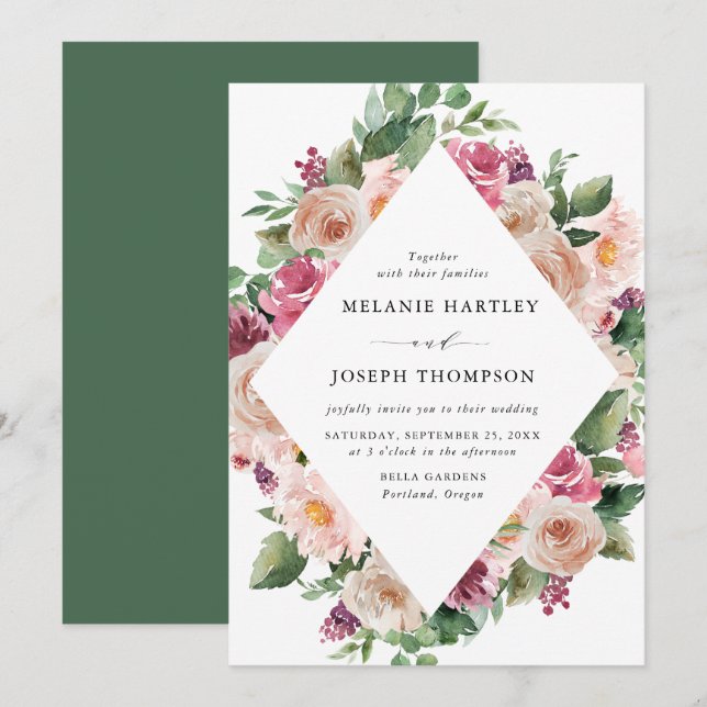 Convite Boho Rubor & Rosa Flores de Primavera Casamento (Frente/Verso)