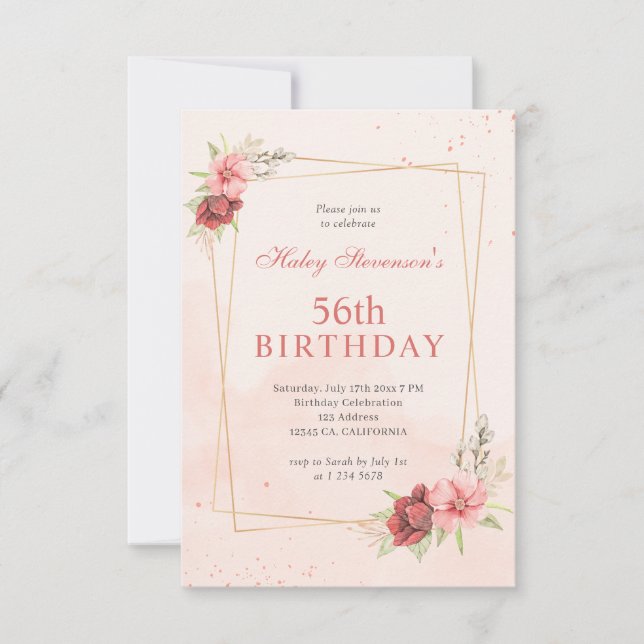 Convite Boho Rubor Rosa Terracota Floral 56º Aniversário (Frente)