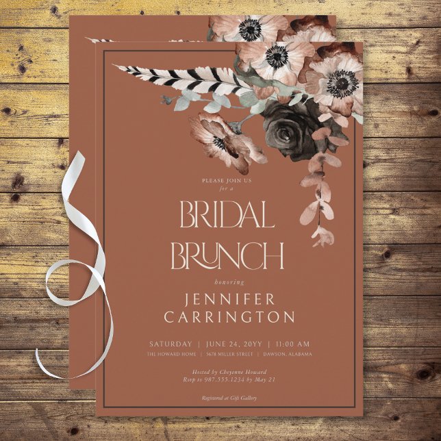 Convite Boho Rust Black & White Flowers Bridal Brunch (Boho Rust Black & White Flowers Bridal Brunch Invitation)