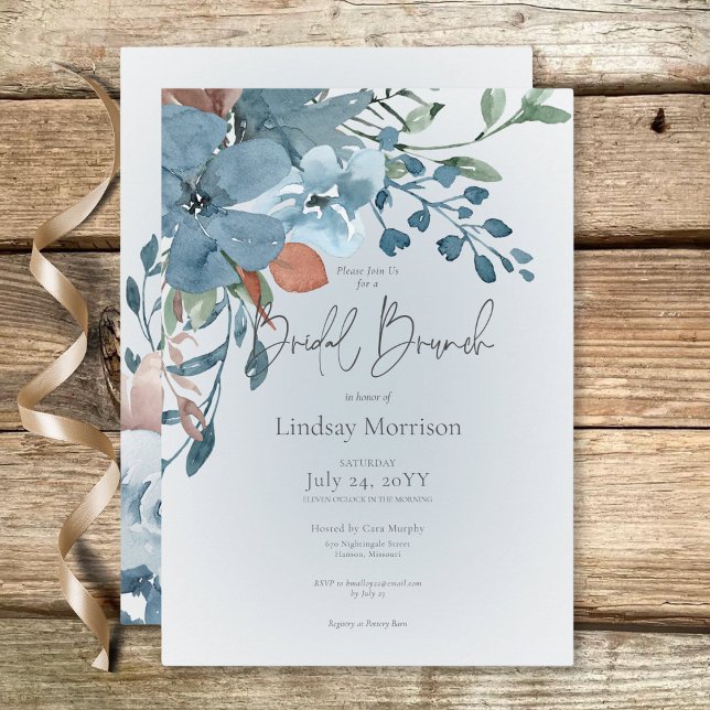 Convite Boho Rust e Blue Floral no Bridal Branca Brunch (Boho Rust & Blue Floral on White Bridal Brunch Invitation)