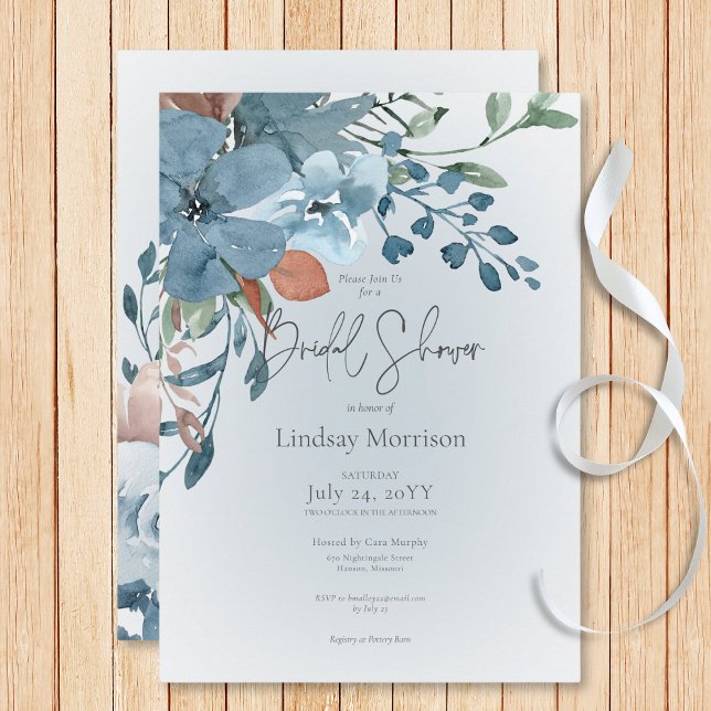Convite Boho Rust e Blue Floral no Chá de panela Branco (Boho Rust & Blue Floral on White Bridal Shower Invitation)