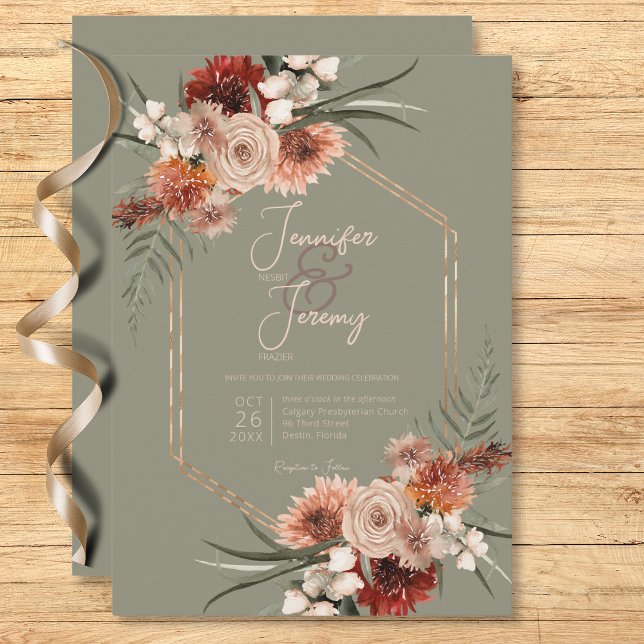 Convite Boho Rust e Sage Neutro Queda Verde Floral (Boho Rust & Neutral Sage Green Fall Floral Invitation)