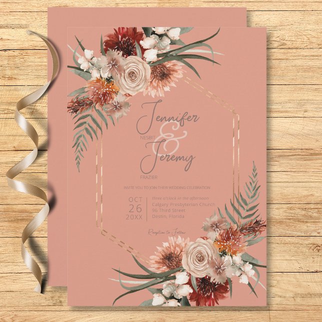 Convite Boho Rust & Neutral Peach Rust Queda Floral Casame (Boho Rust & Neutral Peach Rust Fall Floral Wedding Invitation)
