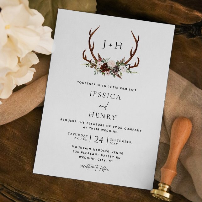 Convite Boho Rustic Antlers Casamento Monograma (Criador carregado)