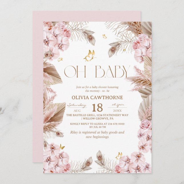 Convite Boho Rustic Baby Shower Invitation (Frente/Verso)