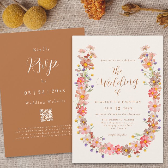 Convite Boho Rustic Casamento outono Floral (Boho fall rustic wildflower elegant script qr code wedding invitation watercolor floral wreath )
