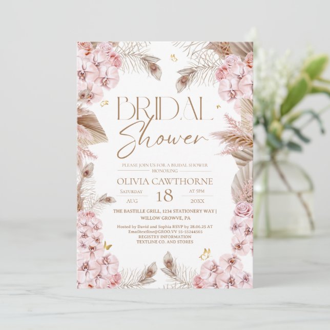 Convite Boho Rustic Dusty Pink Bridal Shower Invitation (Em pé/Frente)