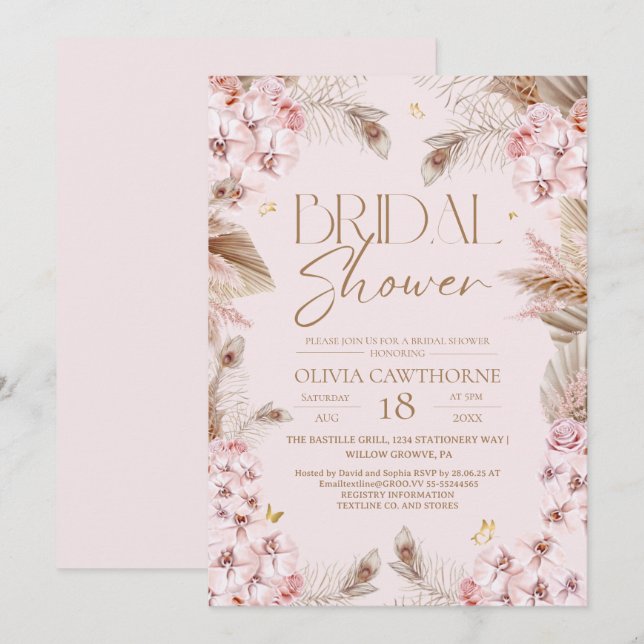 Convite Boho Rustic Dusty Pink Bridal Shower Invitation (Frente/Verso)