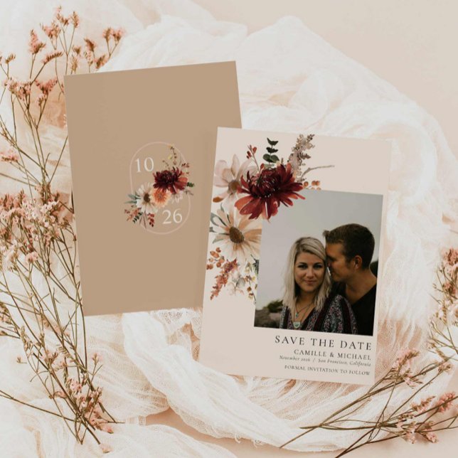 Convite Boho Rustic Fall Floral Photo Save the Date (Burgundy Floral Save The Date Photo Card)