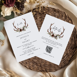 Convite Boho Rustic Floral Antlers Casando Código QR