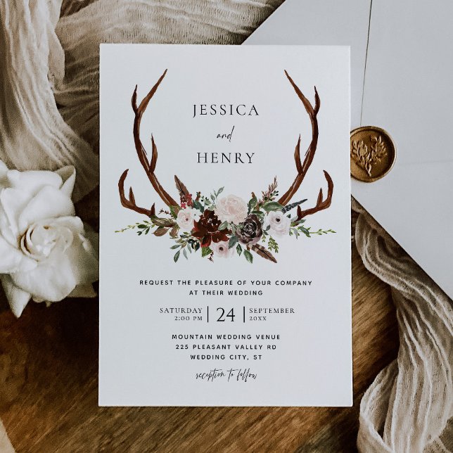 Convite Boho Rustic Floral Antlers Wedding (Criador carregado)