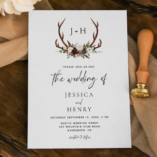 Convite Boho Rustic Floral Antlers Wedding