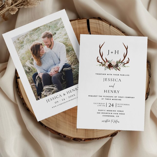 Convite Boho Rustic Floral Antlers Wedding Foto (Criador carregado)
