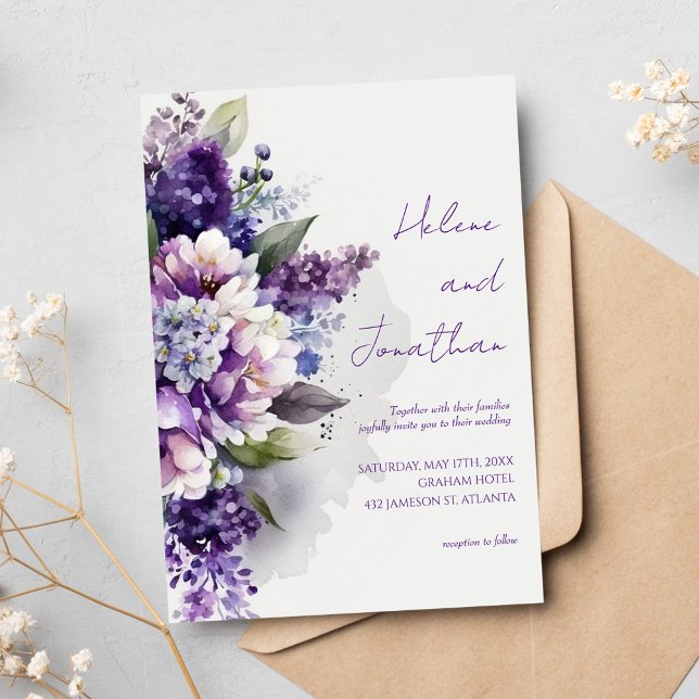Convite Boho Rustic Floral Elegante Lavanda Roxo (Purple Lavender Boho Rustic Floral Elegant Wedding Invitation)
