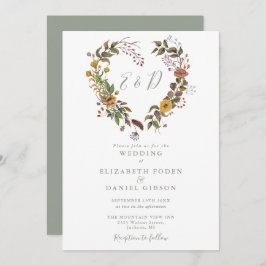 Convite Boho Rustic Floral Heart Sage Green Wedding