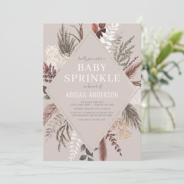 Convite Boho Rustic Floral Pampas Grass Baby Sprinkle Invi (Em pé/Frente)