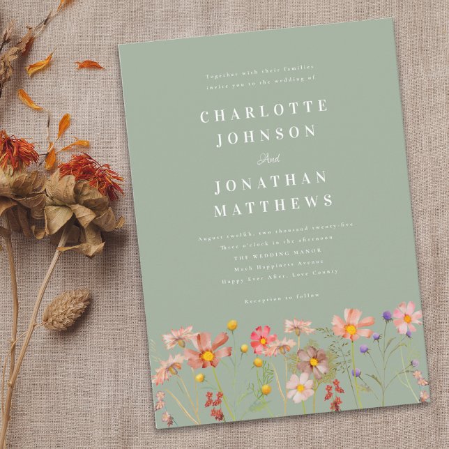 Convite Boho Rustic Floral Sage Green (Boho rustic Wildflower floral sage green Wedding invitation Modern elegant with watercolor flowers)