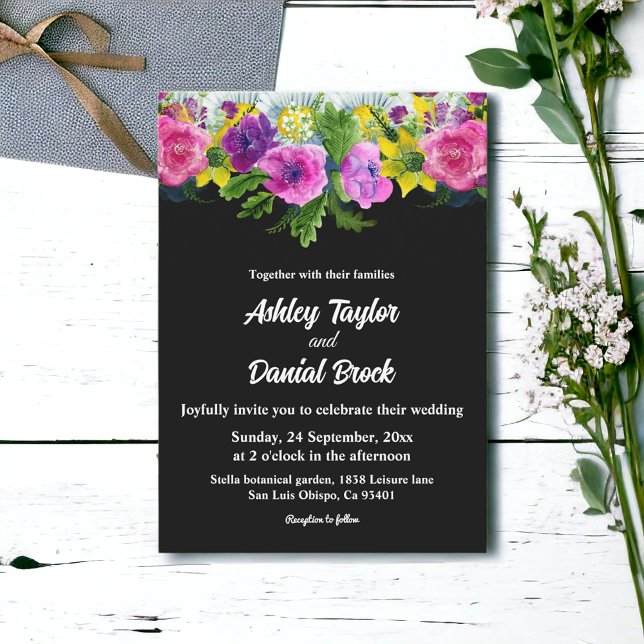 Convite Boho Rustic Flowers Black And White Floral Casamen (Criador carregado)