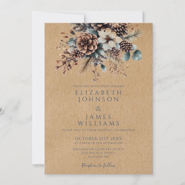 Convite Boho Rustic Kraft Floral Pinecone Casamento (Frente)
