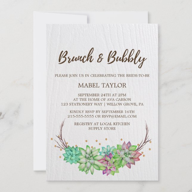 Convite Boho Rustic Mint Floral Succulent Brunch & Bubble (Frente)