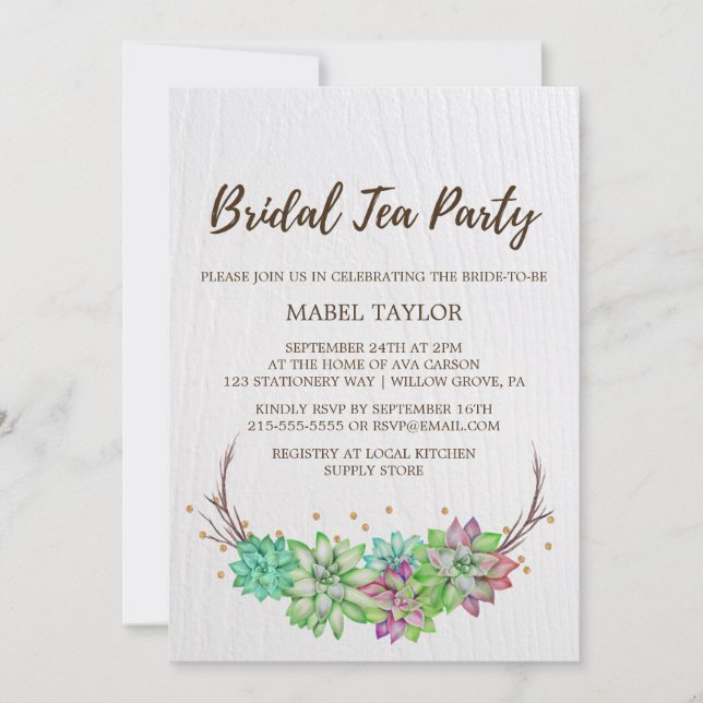 Convite Boho Rustic Mint Floral Succult Bridal Tea Party (Frente)