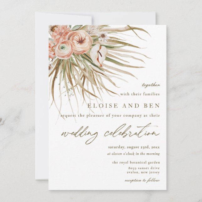 Convite Boho Rustic Pampas Grass Casamento Floral (Frente)