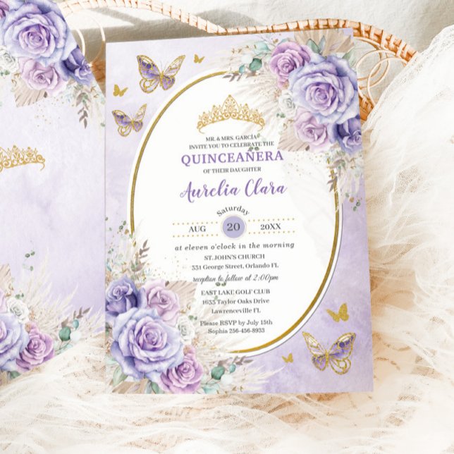 Convite Boho Rustic Pampas Purple Lilac Floral Quinceañera (Criador carregado)