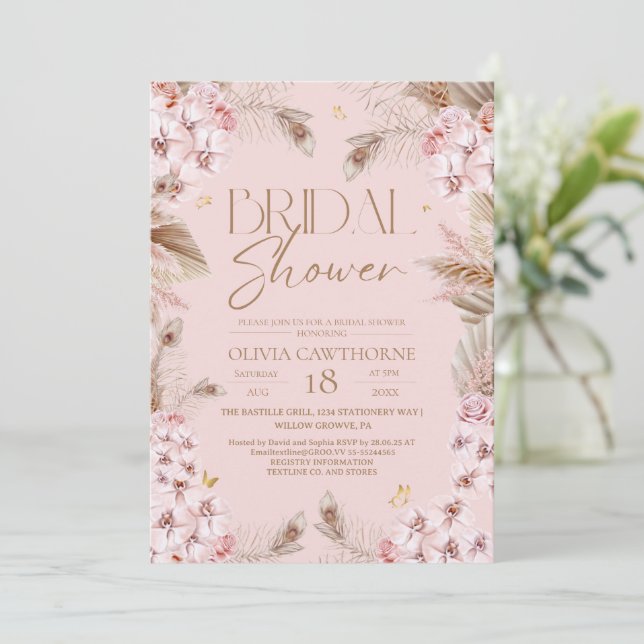 Convite Boho Rustic Pink Bridal Shower Invitation (Em pé/Frente)
