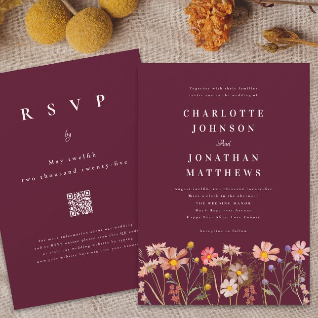 Convite Boho Rustic Wildflower Burgundy Casamento (Boho wildflower meadow burgundy wedding invitation Elegant modern stylish watercolor florals)