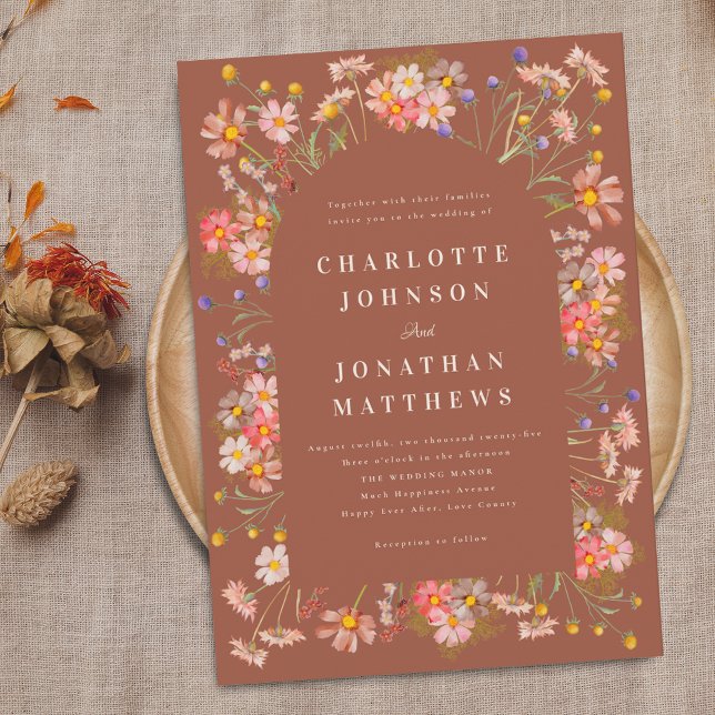 Convite Boho Rustic Wildflower Burnt Orange Casamento (Boho wildflower rustic burnt orange fall wedding invitation Watercolor florals elegant modern design)