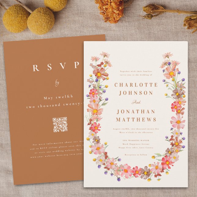 Convite Boho Rustic Wildflower Casamento outono (Brown fall boho rustic wildflower wreath wedding invitation Watercolor autumn floral )