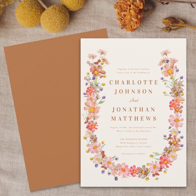 Convite Boho Rustic Wildflower Casamento outono (Boho floral wreath fall wedding invitation Terracotta burnt orange beige watercolor autumn colors)