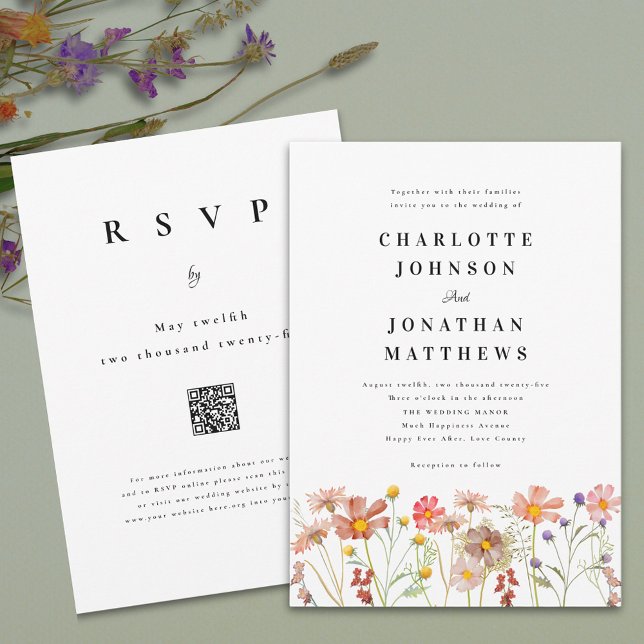 Convite Boho Rustic Wildflower Floral Código QR (Boho rustic Colorful Wildflower floral Wedding invitation watercolor flowers elegant typography )