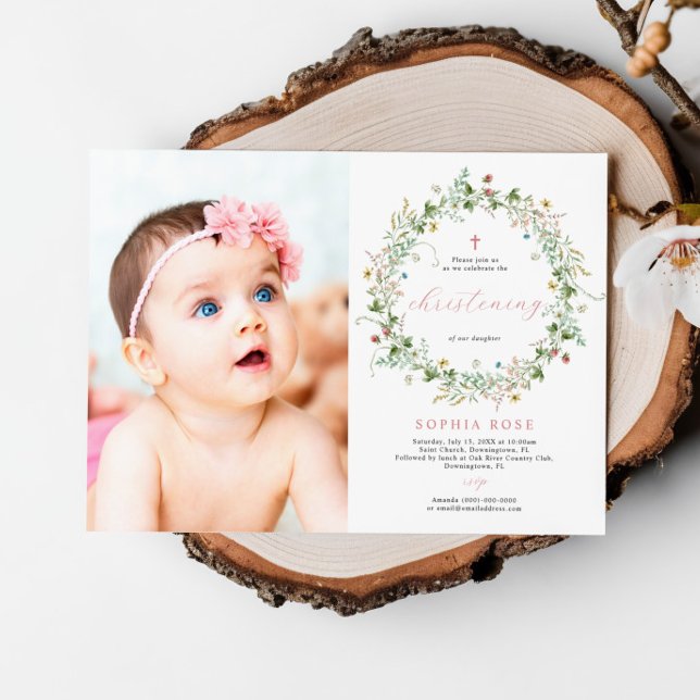 Convite Boho Rustic Wildflower Photo Christening (Criador carregado)