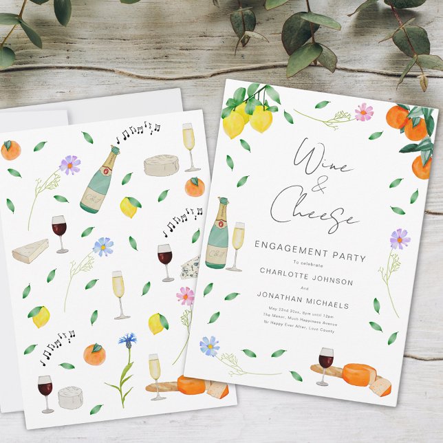 Convite Boho Rustic Wine and Cheese Festa de noivado (Wine and cheese chic boho floral watercolor engagement party invitation)