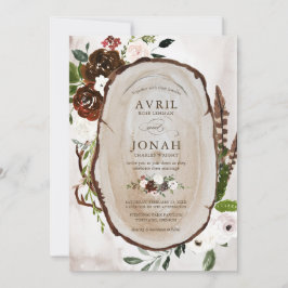Convite Boho Rustic Wood & Floral Burgundy Casamento Rosa