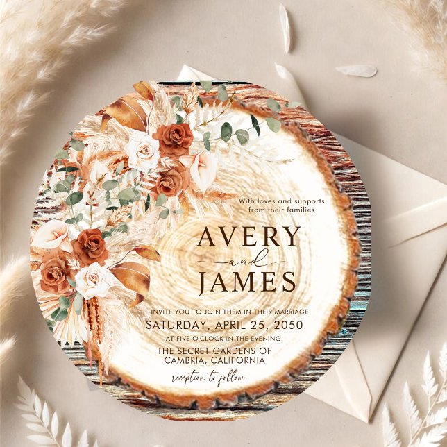 Convite Boho Rustic Wood Slice Wedding Invitation – Pampas (Criador carregado)