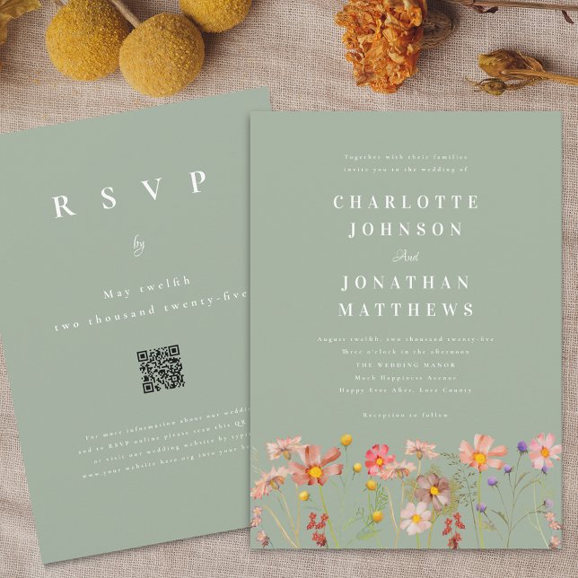 Convite Boho Rústico Casamento de Cor Verde Musgo com Flor (Boho fall Wildflower floral sage green Wedding qr code invitation Watercolor flowers outdoor meadow)