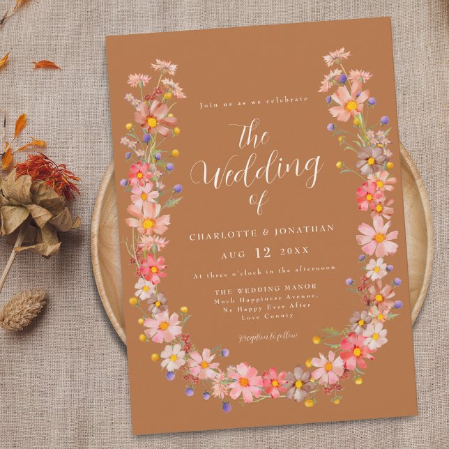 Convite Boho Rústico Casamento de Outono com Flores Silves (Boho rustic floral wreath fall terracotta wedding invitation Watercolor wildflowers elegant script)