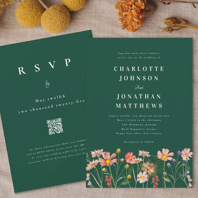 Convite Boho Rústico Casamento Verde com Flores Silvestres (Boho fall Wildflower floral dark green Wedding qr code invitation Watercolor flowers elegant modern)