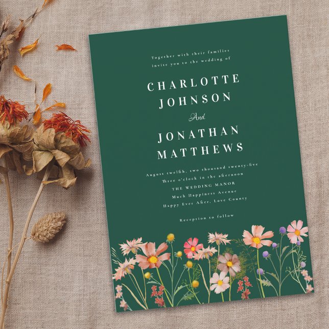 Convite Boho Rústico Casamento Verde com Flores Silvestres (Boho rustic Wildflower floral dark green Wedding invitation Watercolor flowers elegant modern )