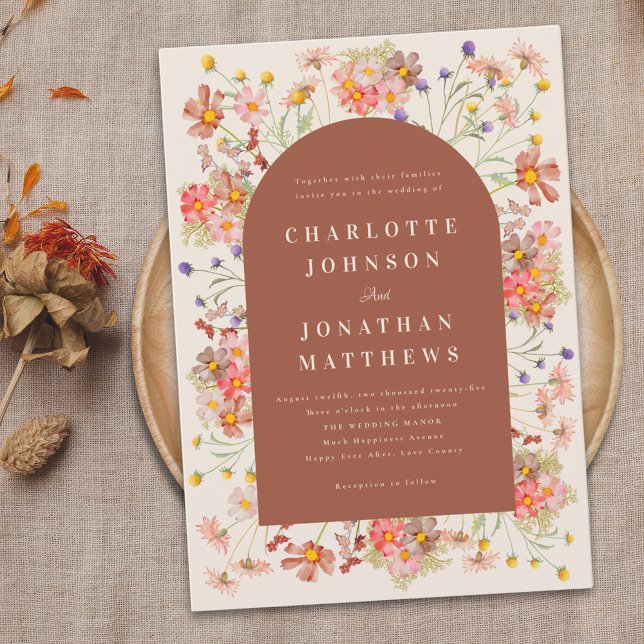 Convite Boho Rústico Floral Laranja Queimada Casamento de  (Boho rustic floral arch burnt orange terracotta fall wedding invitation elegant modern typography )