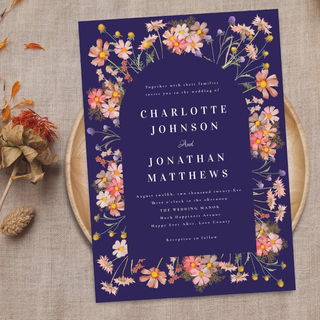 Convite Boho Rústico Flores Silvestres Casamento Azul Mari (rustic floral arch elegant navy blue fall wedding invitation Watercolor wild flowers modern stylish )