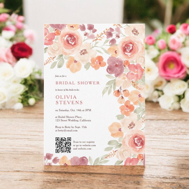Convite Boho rústico queda pêssego pincel pincel chá de pa (Boho rustic fall peach blush qr code bridal shower invitation)