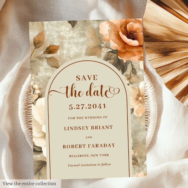 Convite Boho Rústico Salva Data Floral Marfim Ferrugem Sál (Rustic Boho Rusty Ivory Sage Floral Save The Date)